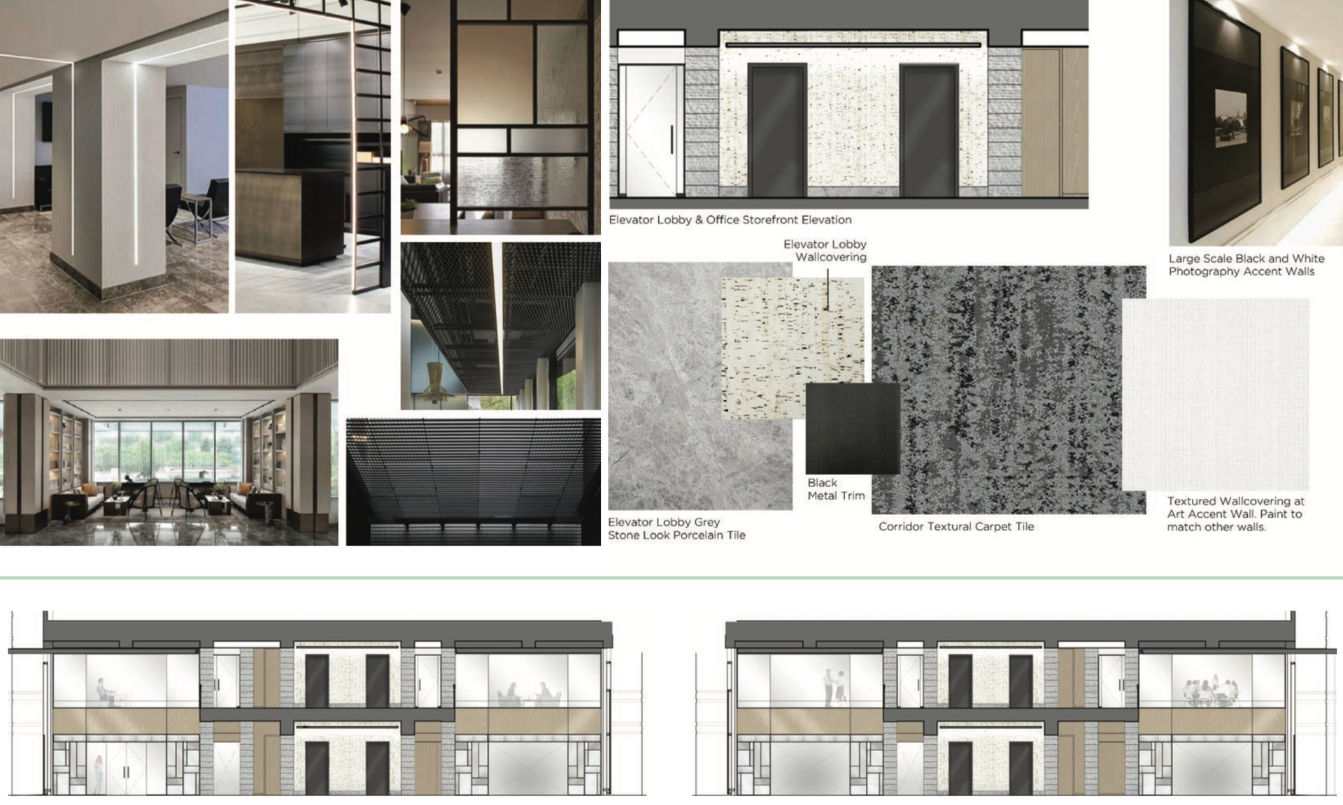 Mood board of interior design elements, including materials and architectural renderings.