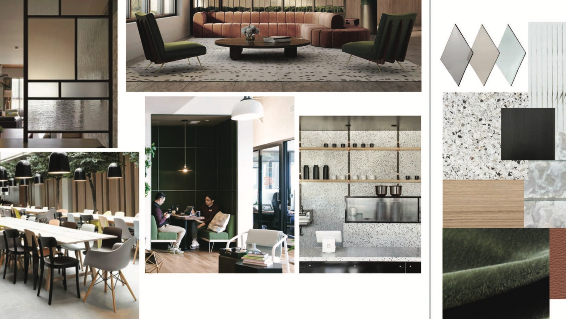 Mood board of modern interior design: emerald green, terracotta, terrazzo, neutral tones.