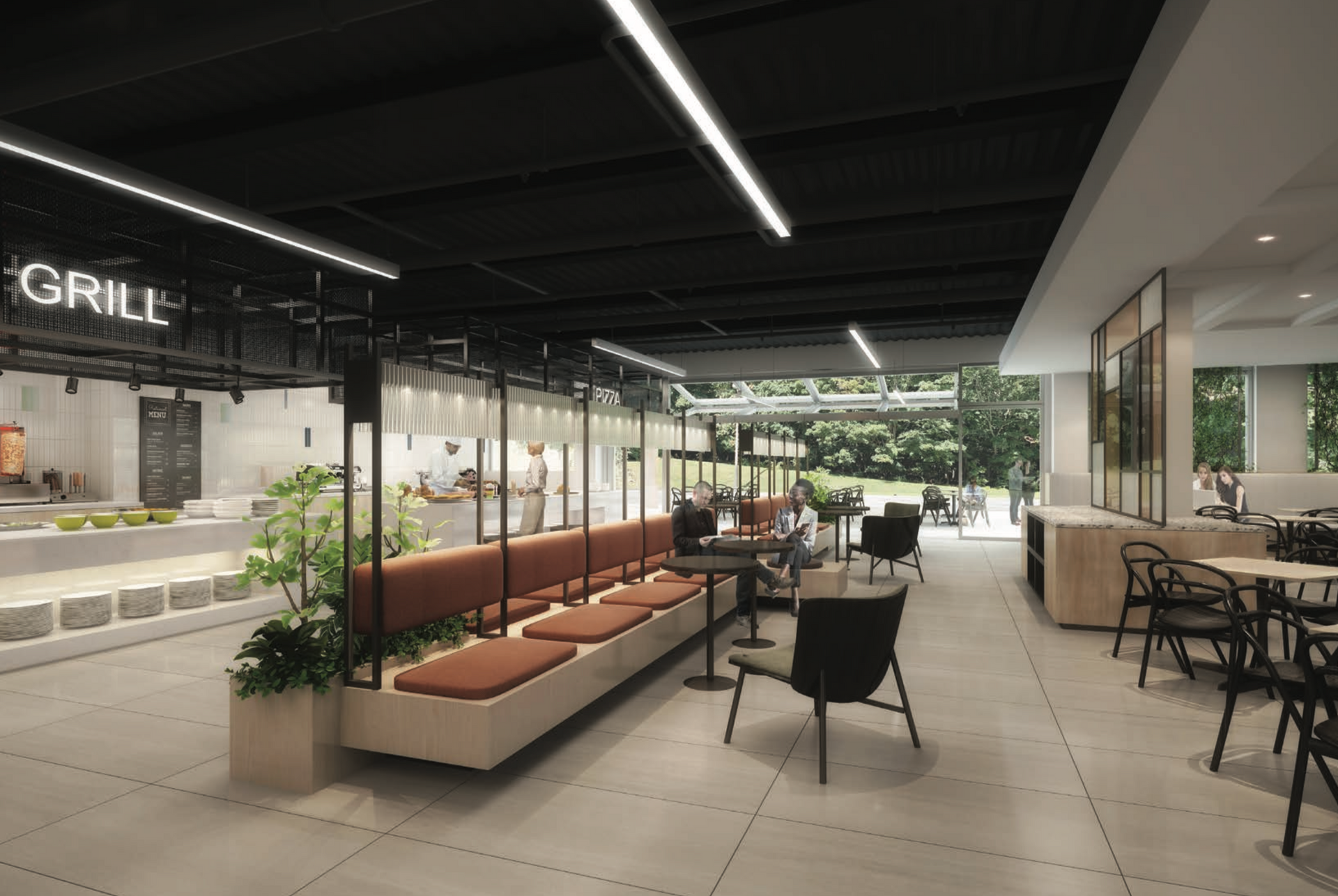 Restaurant interior: seating area with a long orange bench, tables, and a view of a grassy outdoor space.