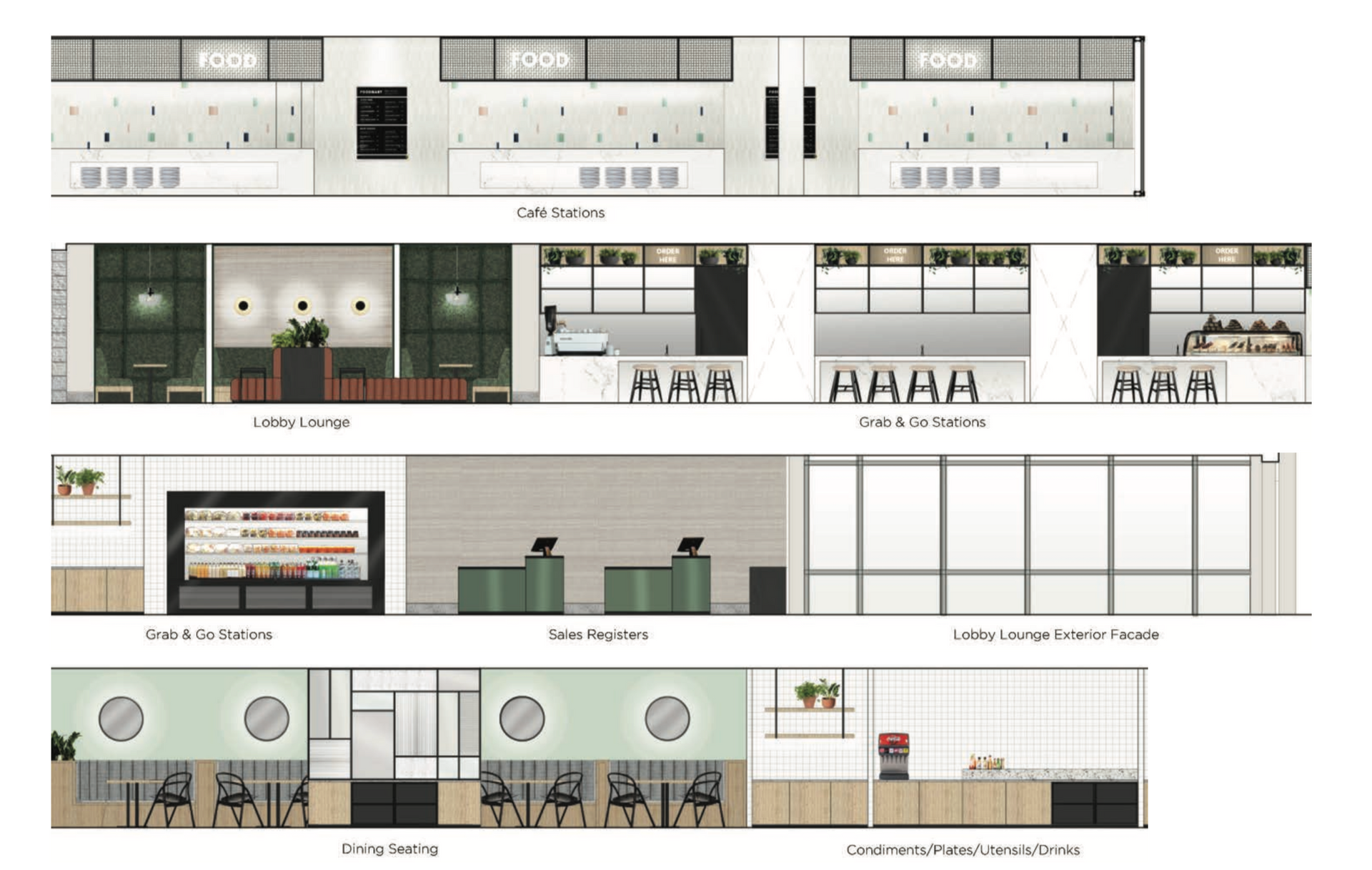 Architectural drawings of a cafe interior with service stations, seating, and a coffee area, in shades of white and wood.
