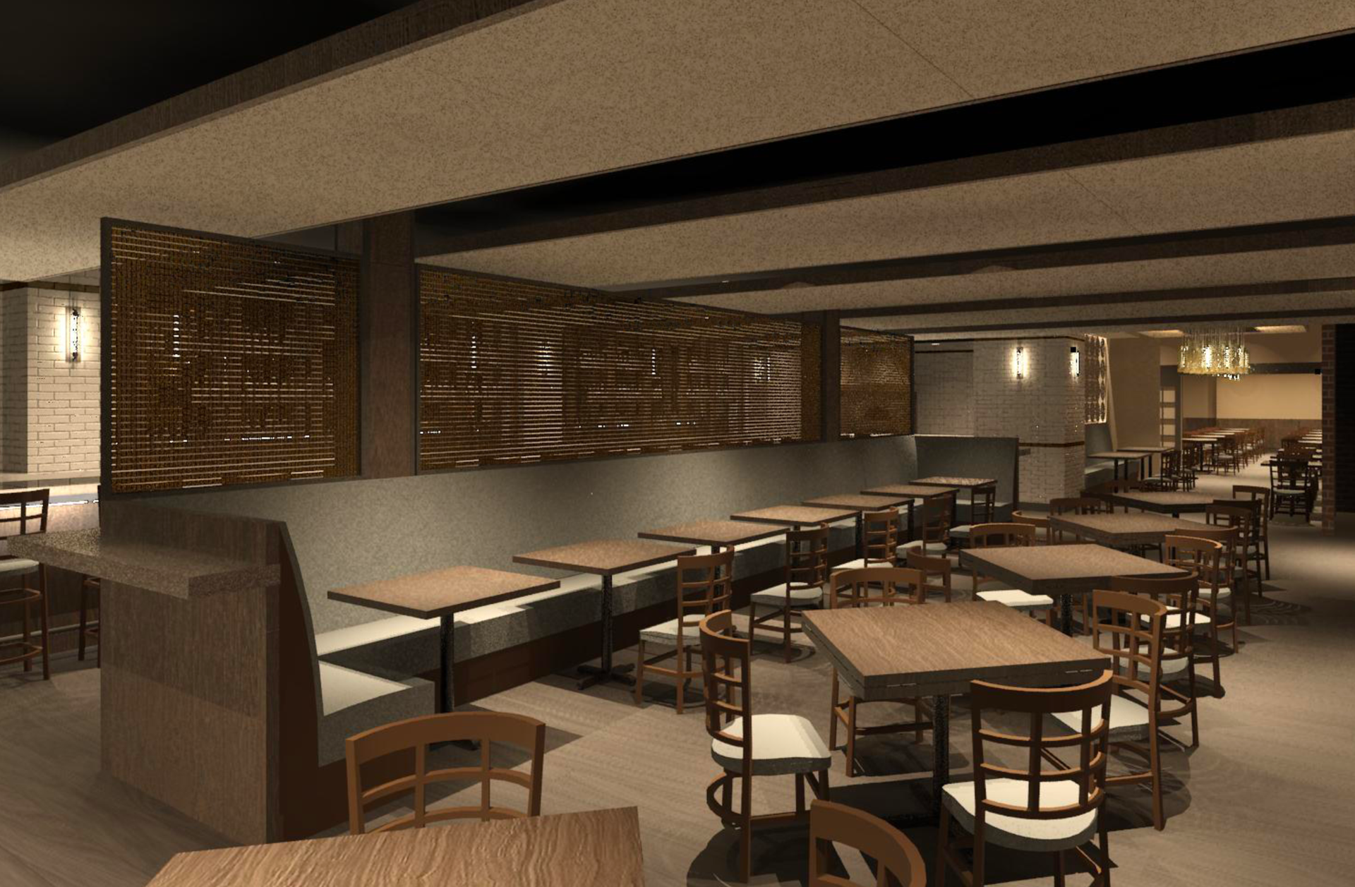 Restaurant interior with tables, chairs, booths, and decorative dividers. Warm lighting, neutral colors.