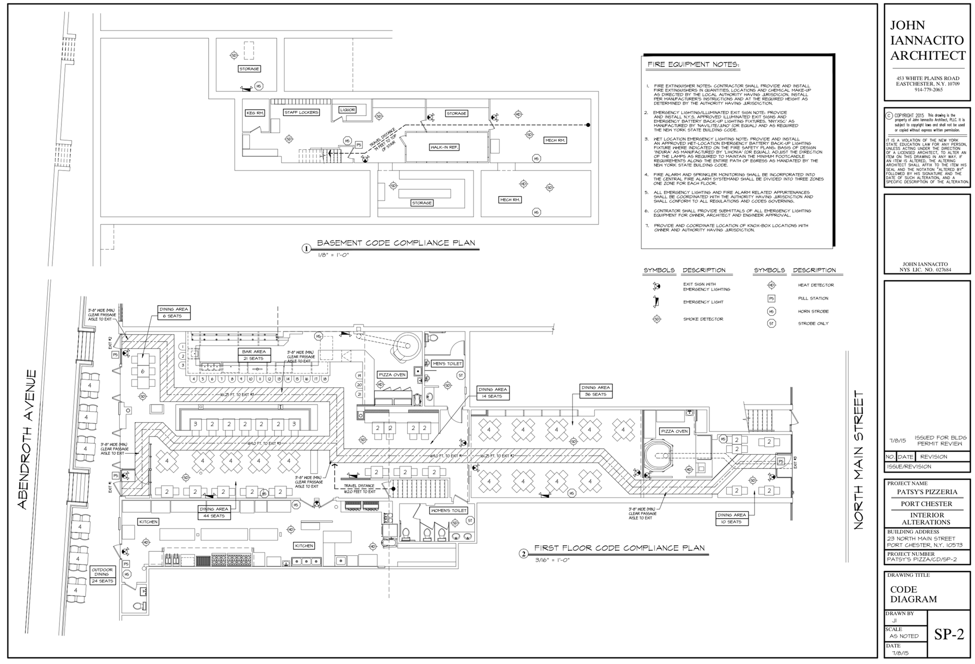 Architectural plan showing a building layout, including a restaurant and outdoor areas, with text annotations and symbols.