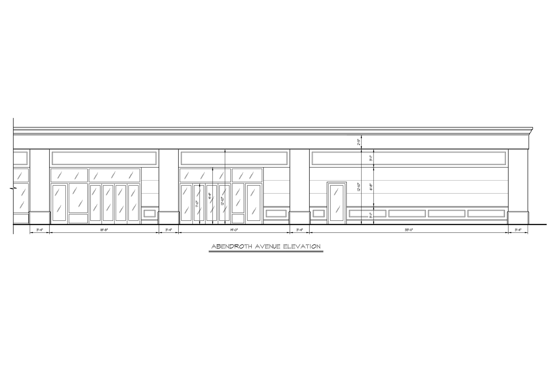 Elevation drawing of a long, single-story commercial building with multiple glass doors and windows, and a flat roof.