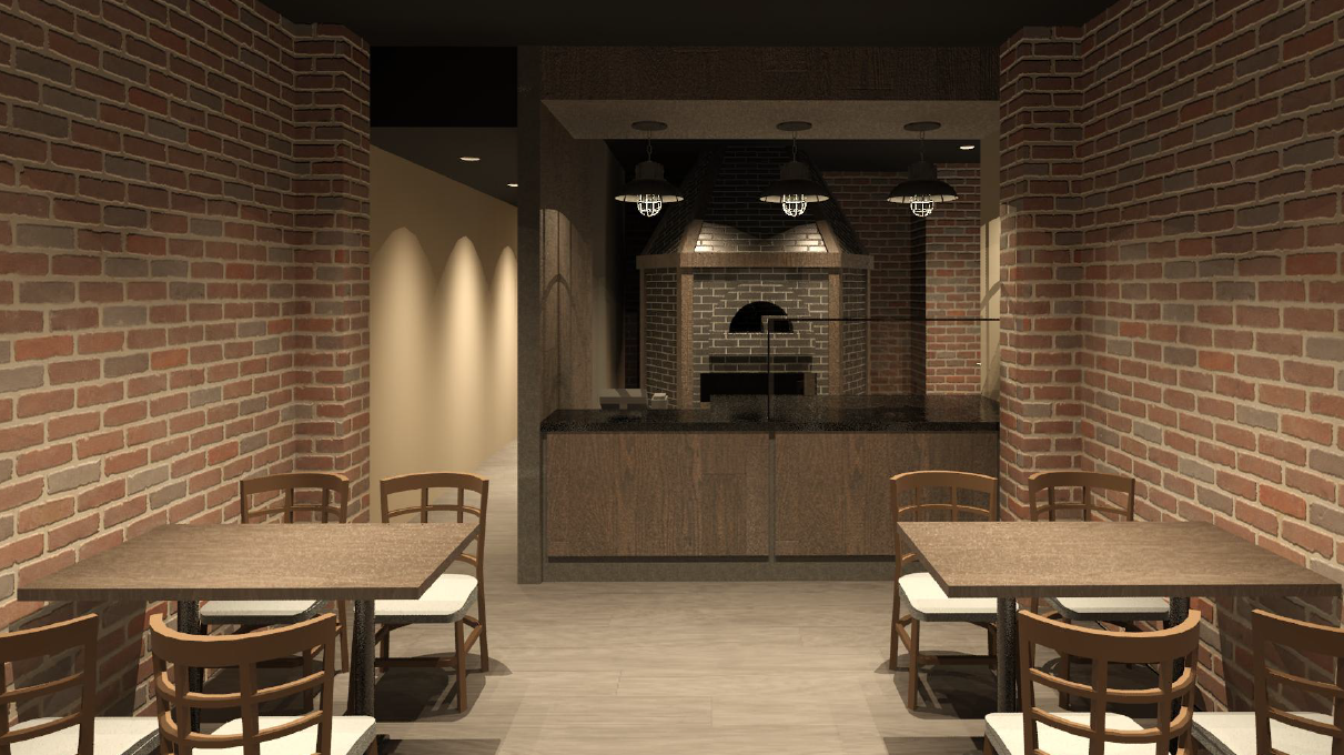 Restaurant interior with brick walls, wooden tables and chairs, and a pizza oven.