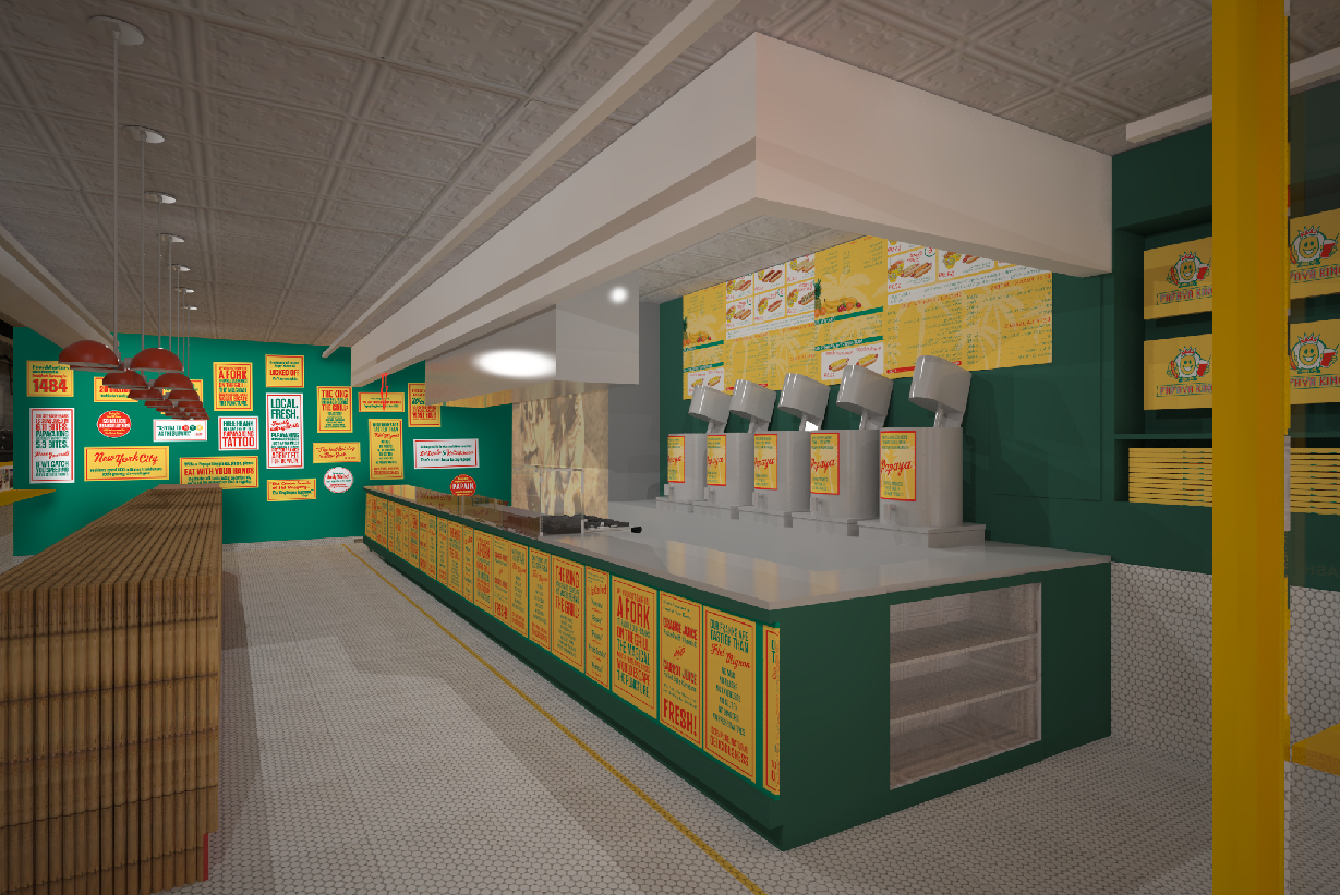 Interior view of a diner. Green walls, yellow accents, and retro posters adorn the space, with a serving counter.
