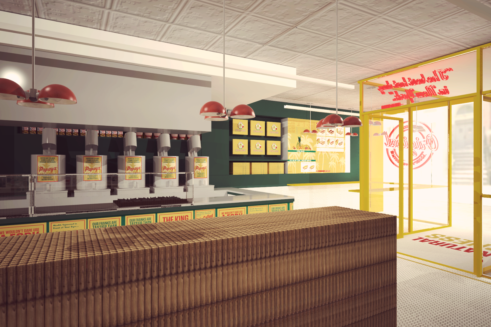 Interior of a fast-food restaurant. Brown counter, drink dispensers, green walls, red hanging lights, yellow-framed entrance.