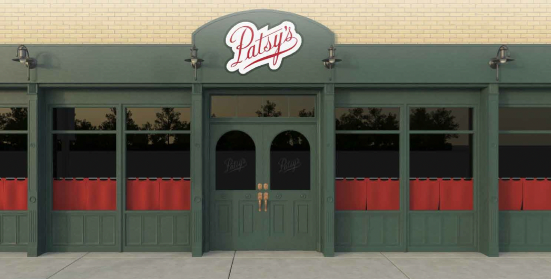 Patsy's restaurant entrance: green facade, red trim, arched door, sign with cursive logo above doorway.