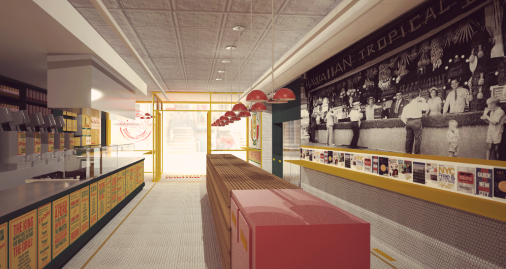Interior of a long, narrow store with red accents, long counter, and vintage photo mural.