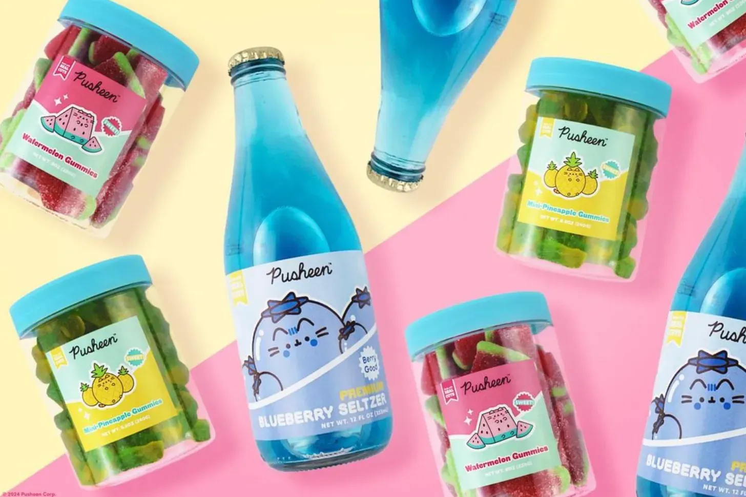 Blue drink bottles and candy jars with cartoon characters on a yellow and pink background.