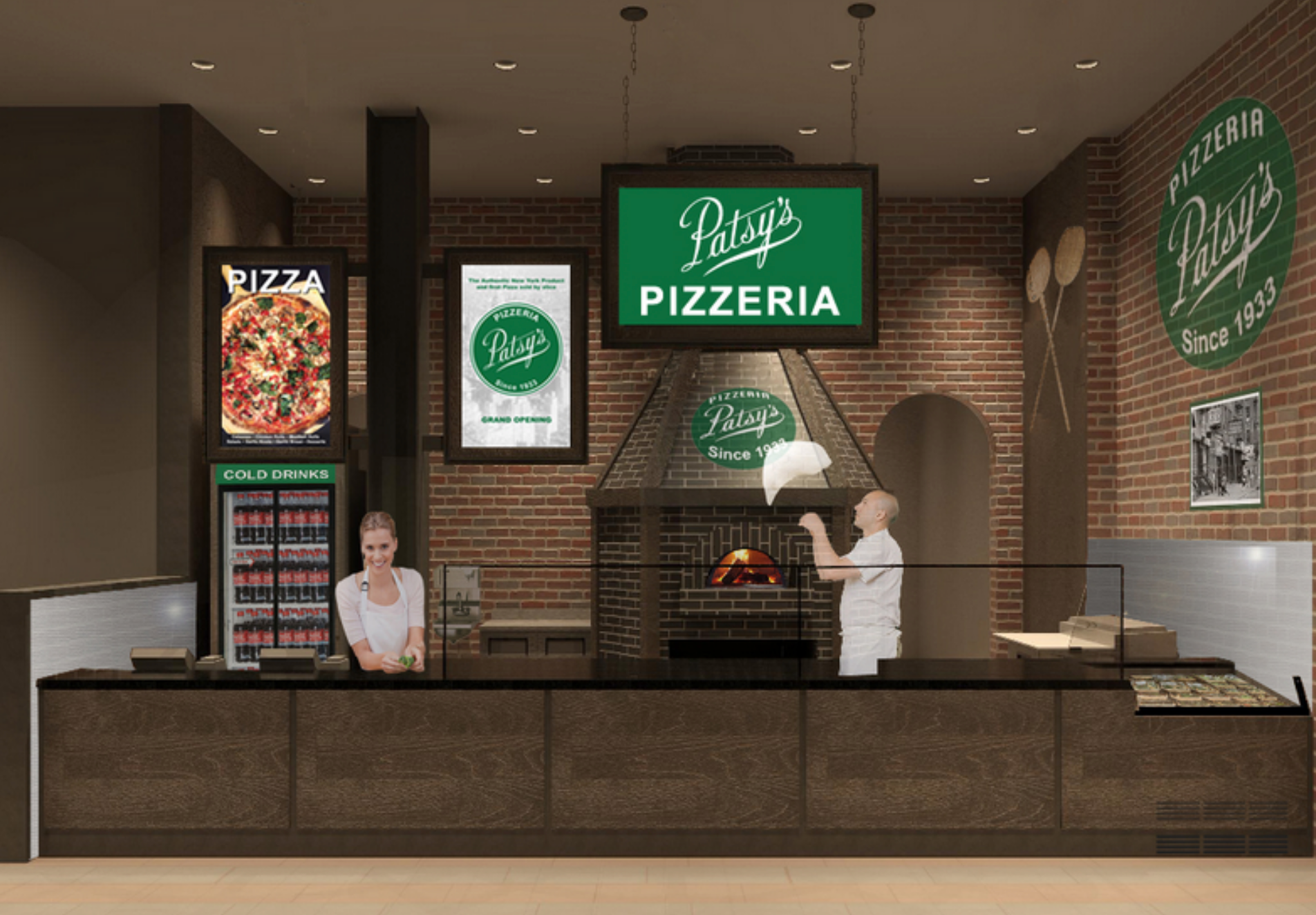 Pizzeria interior. Counter with worker, pizza maker tossing dough. Brick oven, Pataya's sign above, pizza display, and drinks cooler.