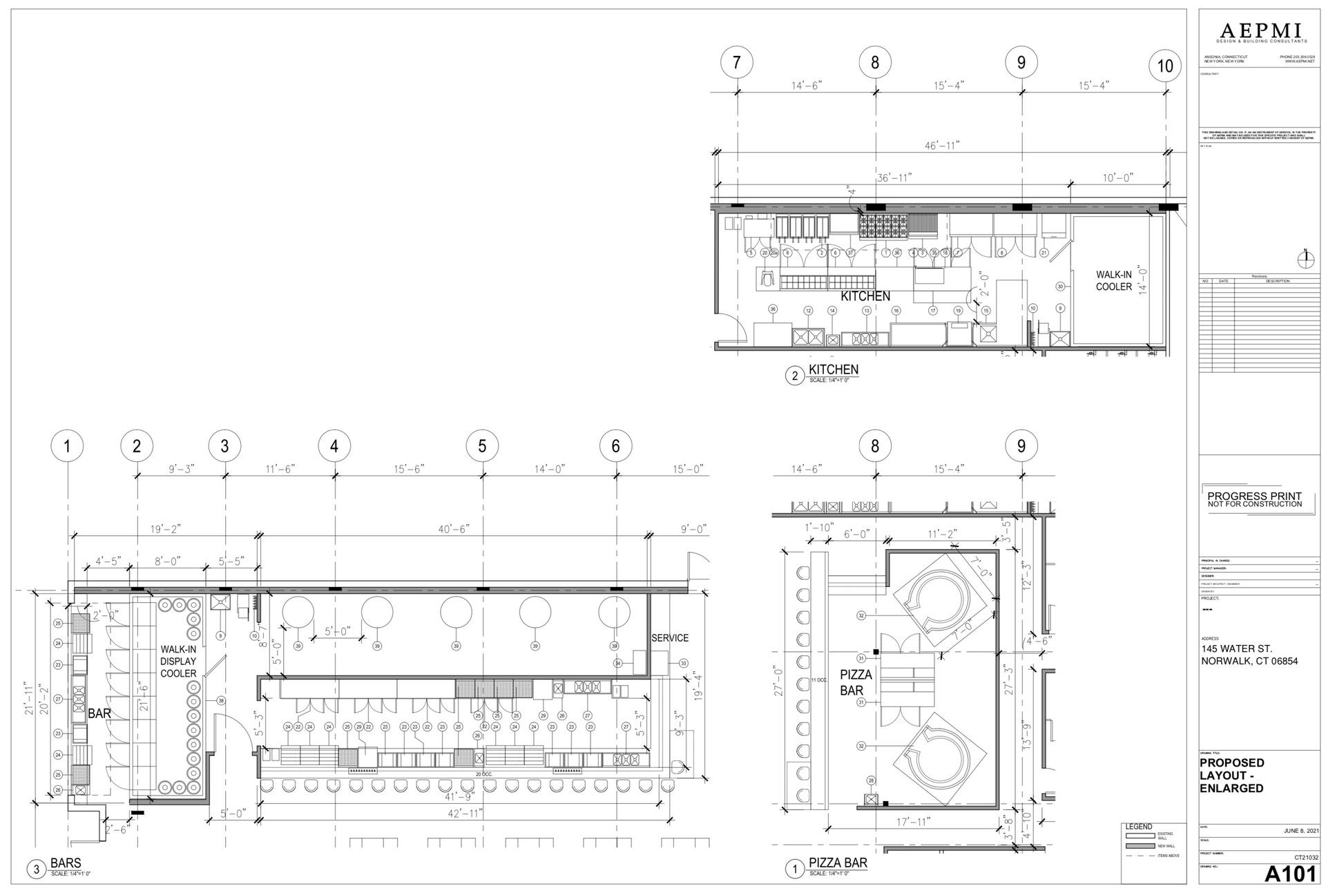 Architectural floor plans of a commercial space with multiple views, showing detailed layouts.