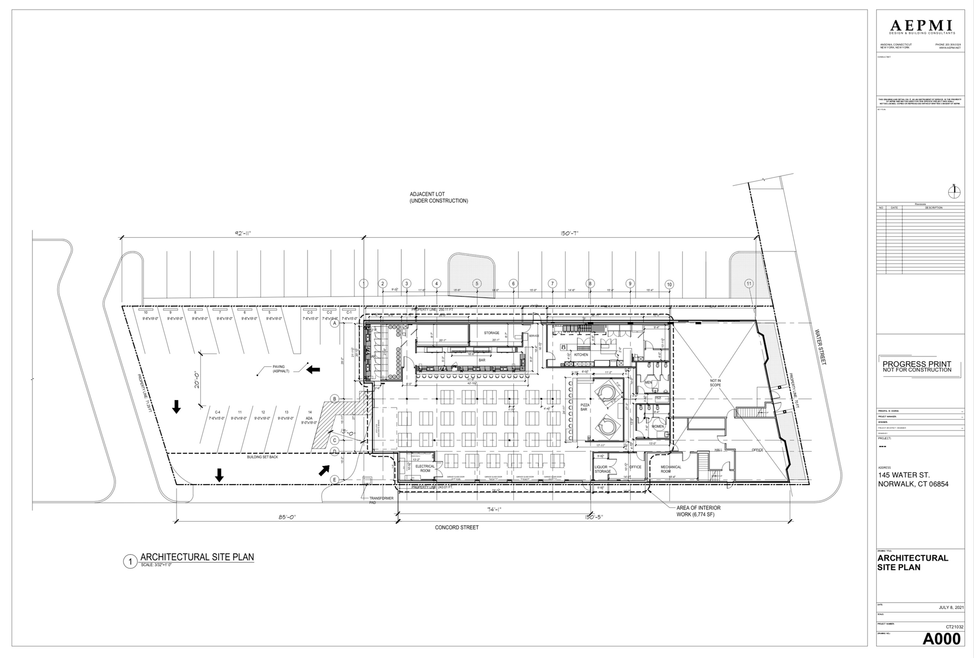 Architectural floor plan of a building and surrounding parking area.