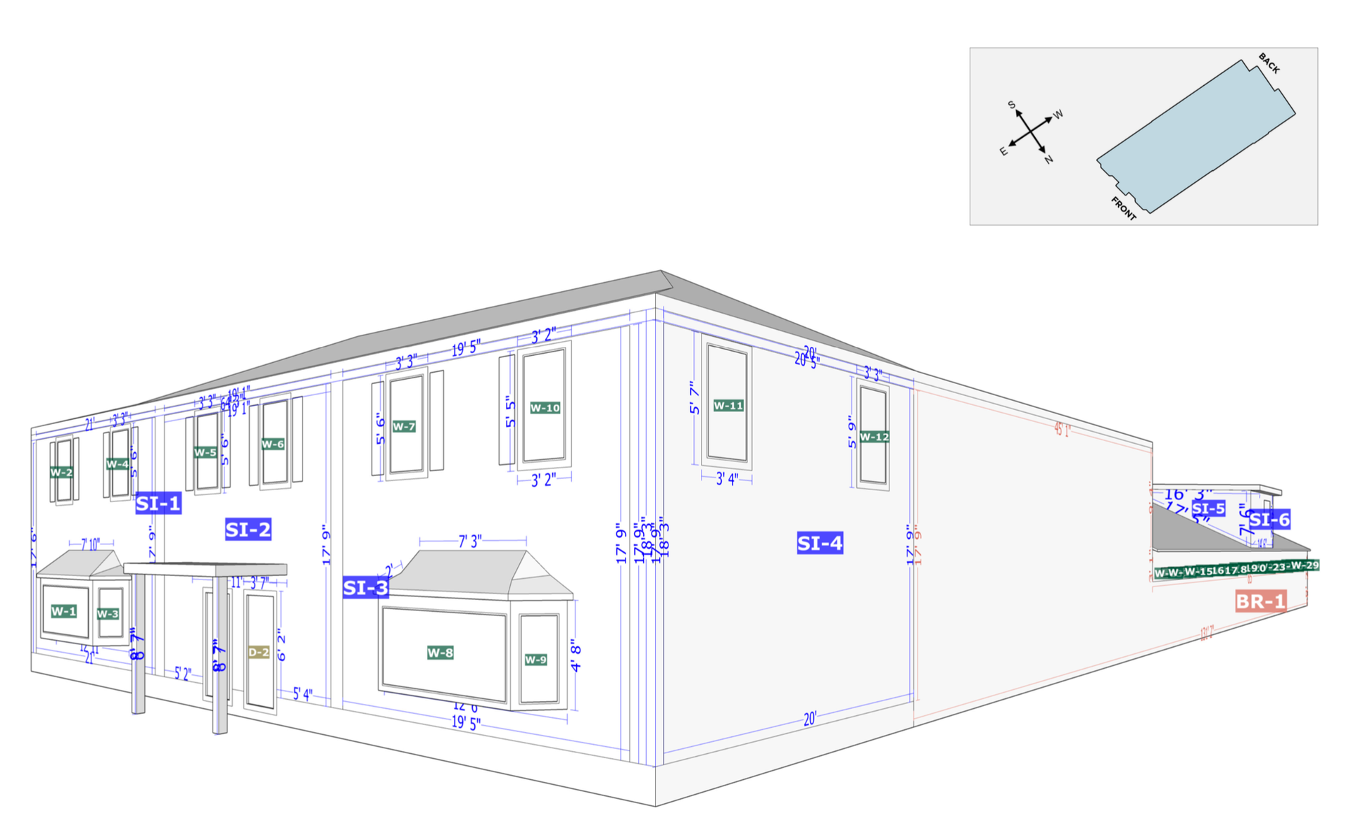 Isometric drawing of a two-story building with labeled windows and doors, likely a blueprint or architectural plan.
