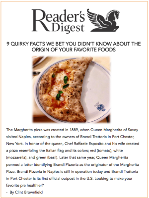 Reader's Digest article: Quirky facts about favorite foods. Pizza photo and text describing Margherita pizza origin.