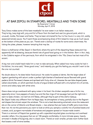 Text article about Bar Zepoli in Stamford; includes descriptions of food and restaurant atmosphere.