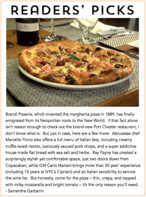 Pizza on plate with article about Brandi Pizzeria, Port Chester.
