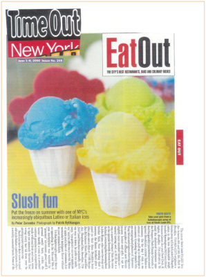 Time Out New York Eat Out magazine cover. Colorful slushies in white cups.