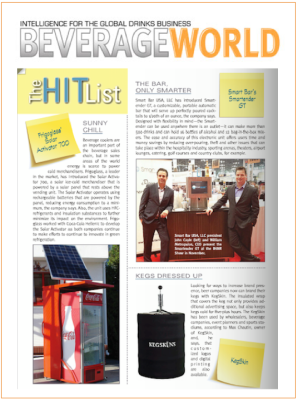 Beverage World magazine page with articles and photos; a solar-powered cooler is shown.