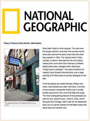 National Geographic article about Patsy's Pizzeria in East Harlem, Manhattan, with a photo of the storefront.