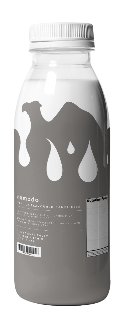 Bottle of camel milk with a camel silhouette and dripping design.