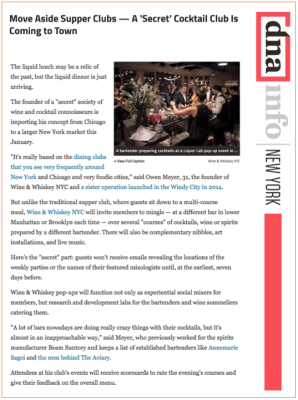 Article about a secret cocktail club in New York City. Text and a photo of people socializing.