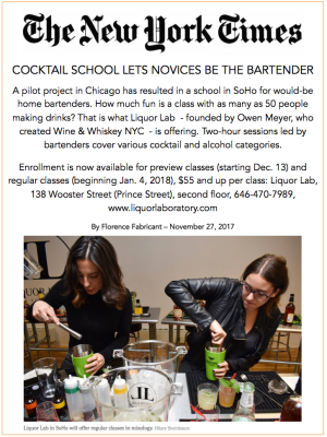 Two women at a bar mixing drinks, promoting Liquor Lab cocktail classes in NYC, New York Times article.