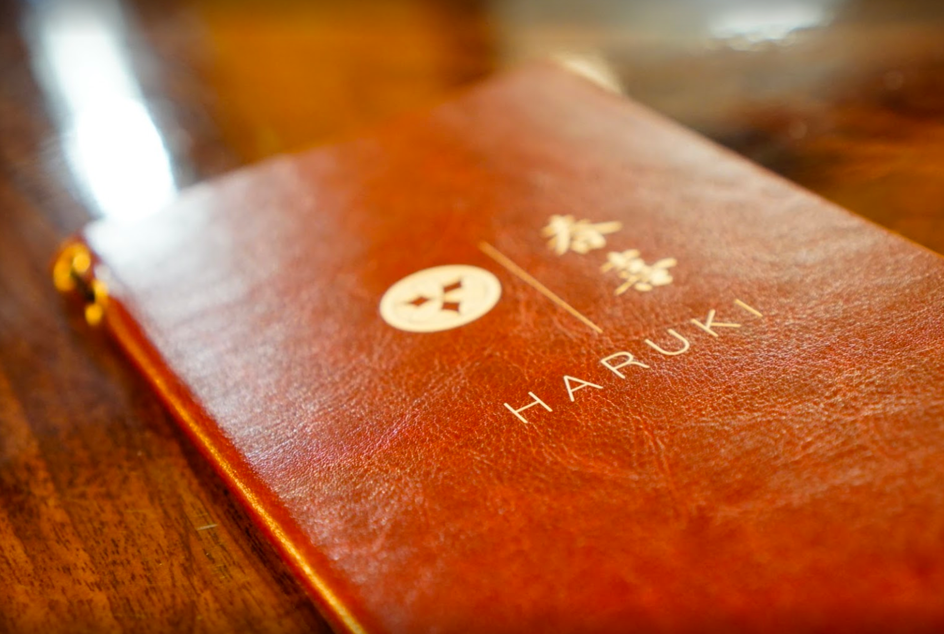 Brown leather restaurant menu with 