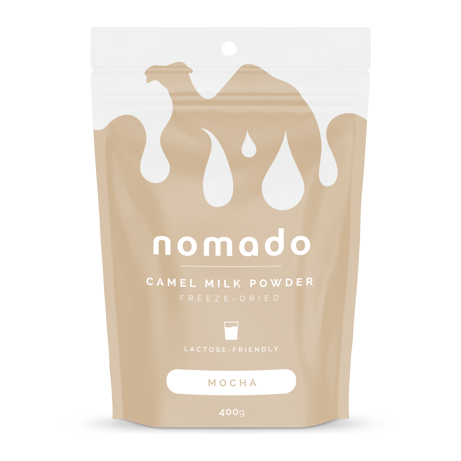 A bag of Nomado Camel Milk Powder, mocha flavor. Tan bag with camel silhouette and white drips.