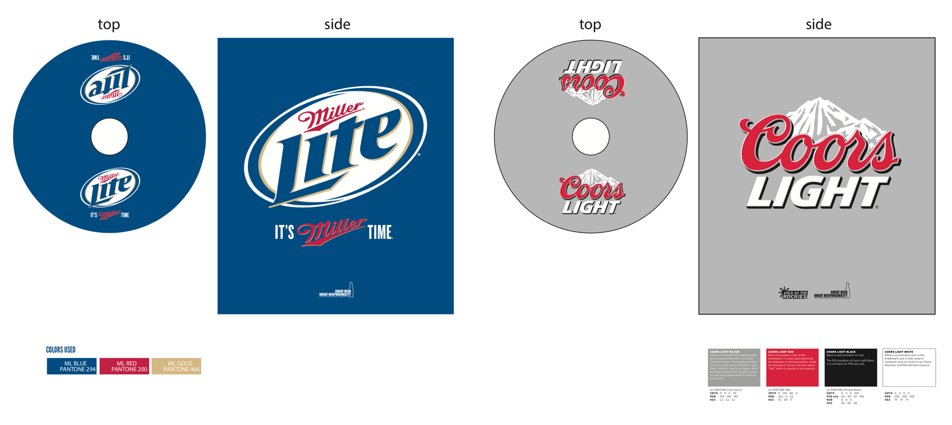 CDs with logos for Miller Lite and Coors Light, along with their respective color swatches.