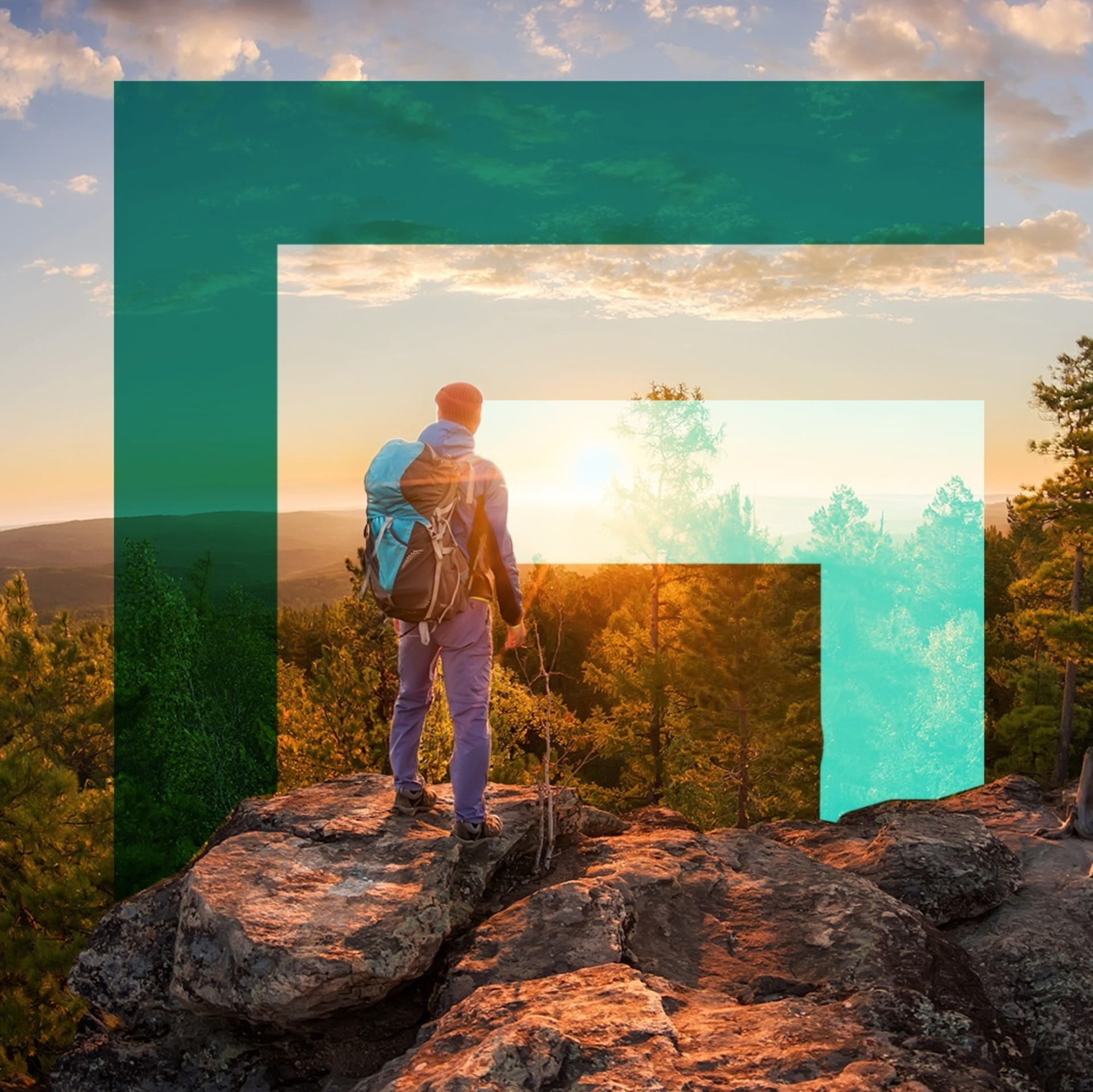 Hiker with backpack overlooking a forest at sunset, framed by a teal 