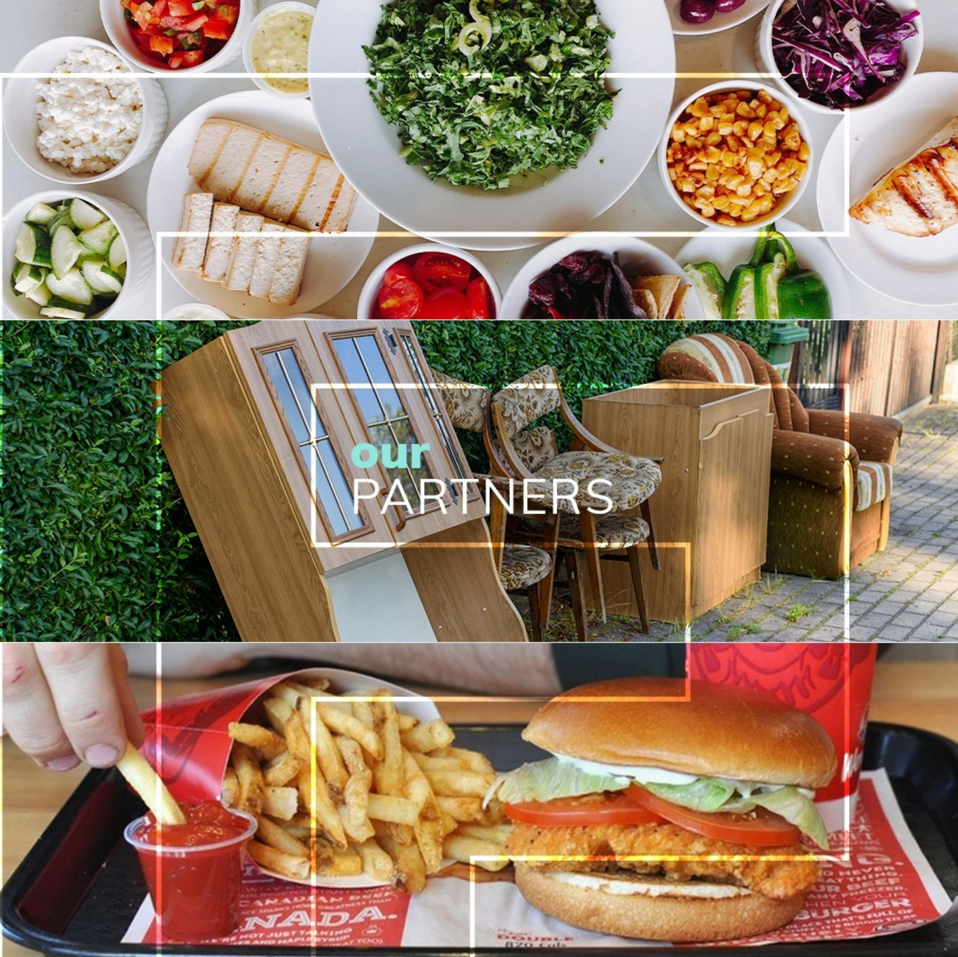 Top: Various food bowls. Middle: Furniture display. Bottom: Fast food meal.