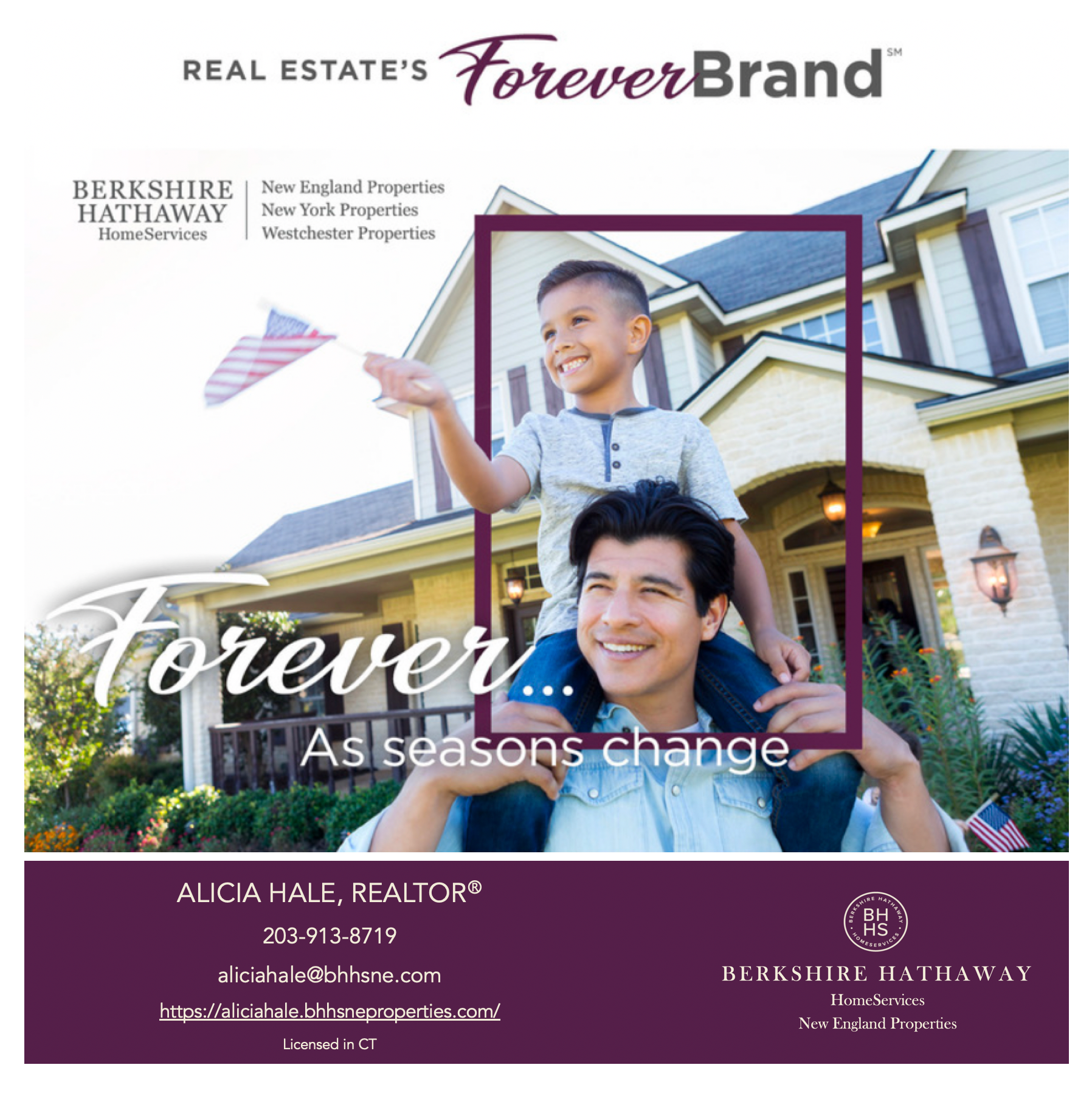 Father carrying a child on his shoulders in front of a house, advertising real estate.