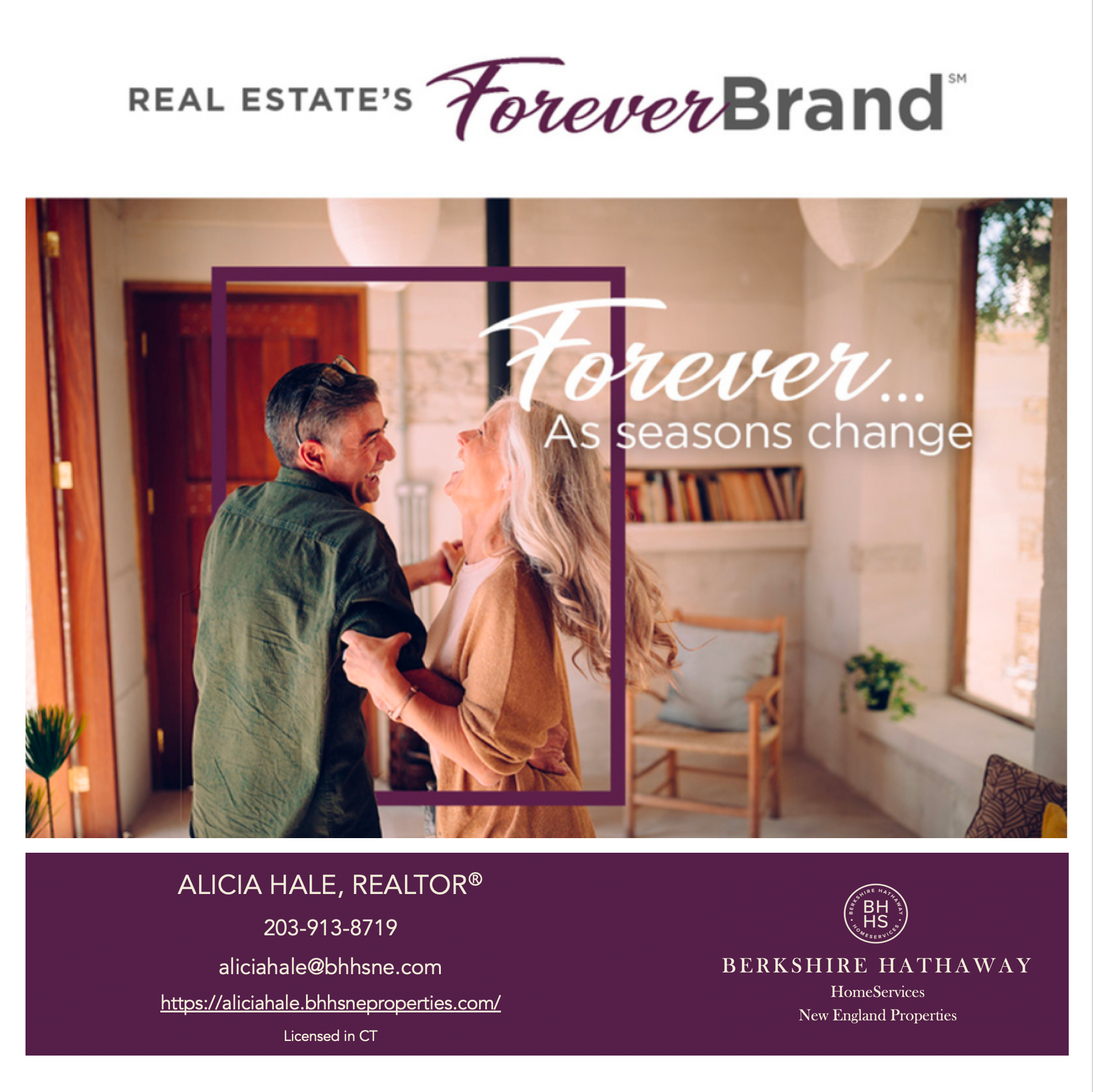 Couple dancing in a sunlit room; real estate ad with text 