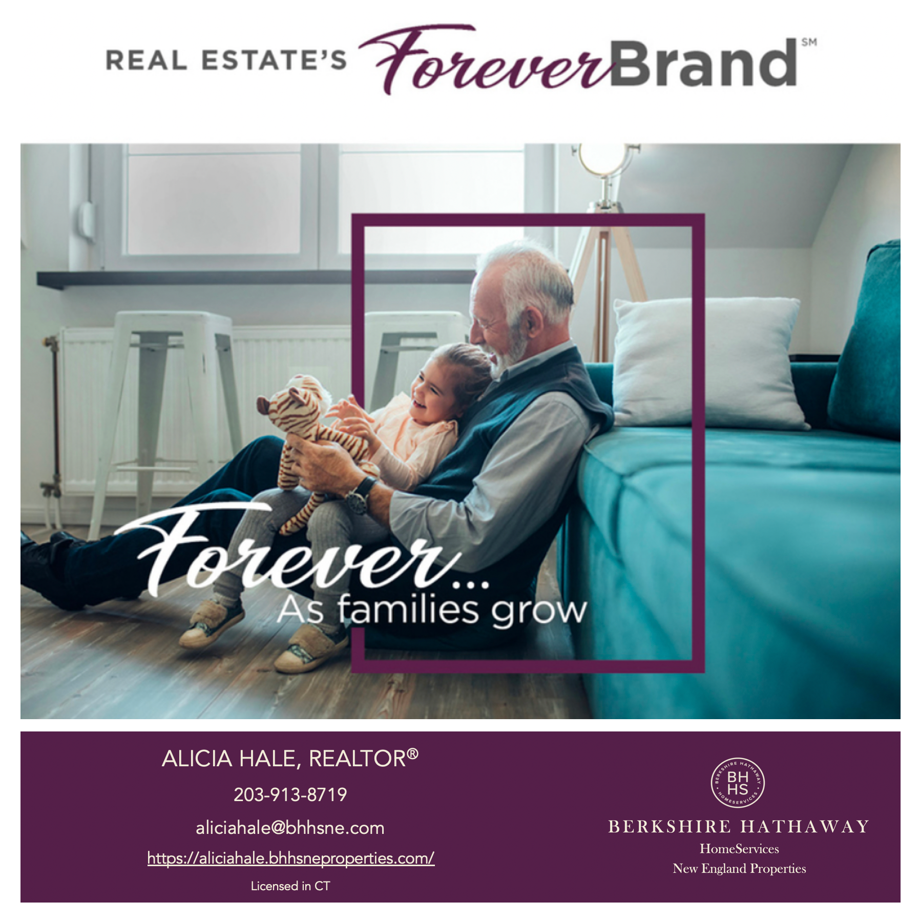 An elderly man and young girl embrace on a couch. Real estate ad. Purple square border. Text: Forever...As families grow.