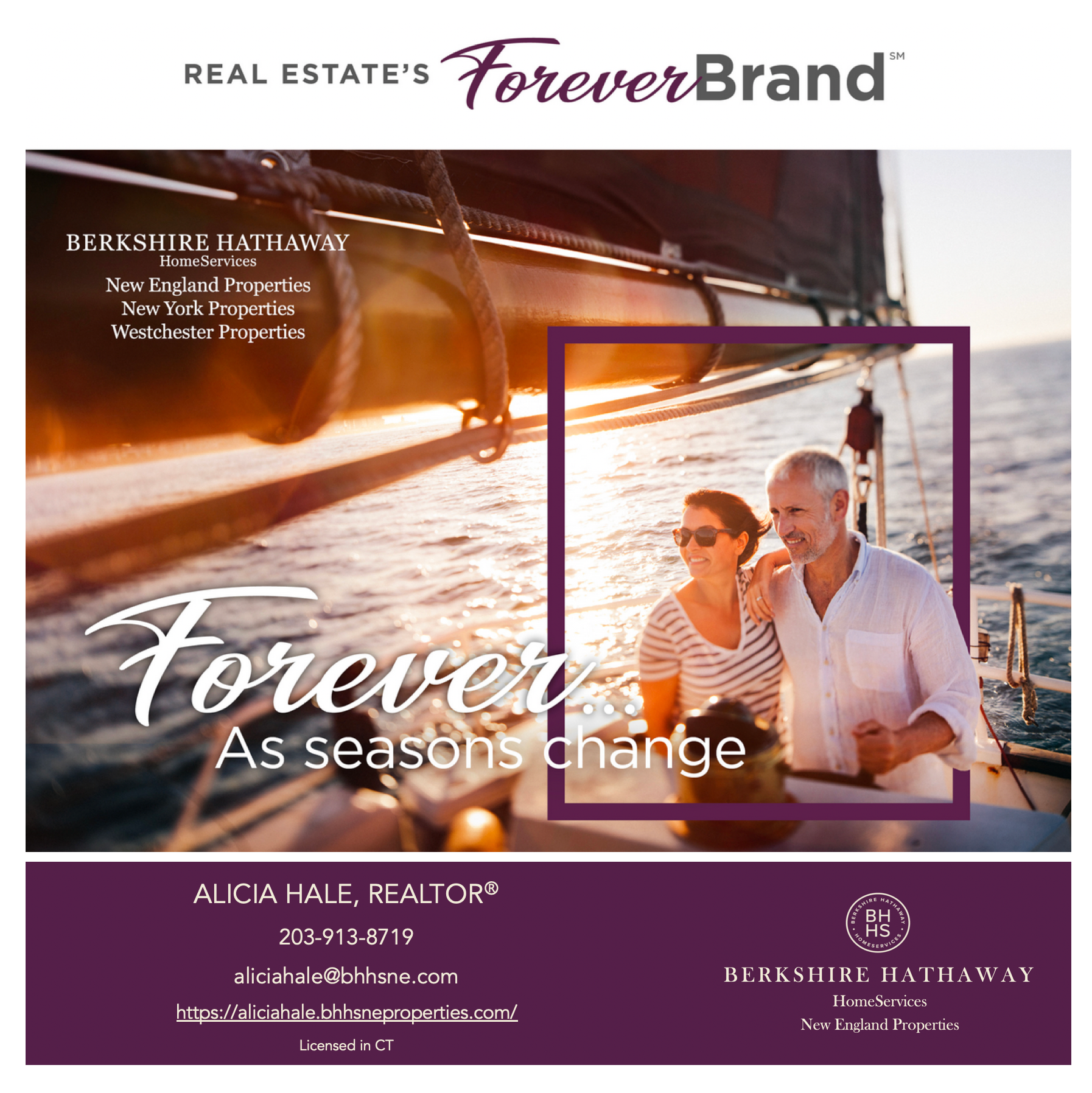 Ad for Alicia Hale, Realtor. Couple on sailboat, 