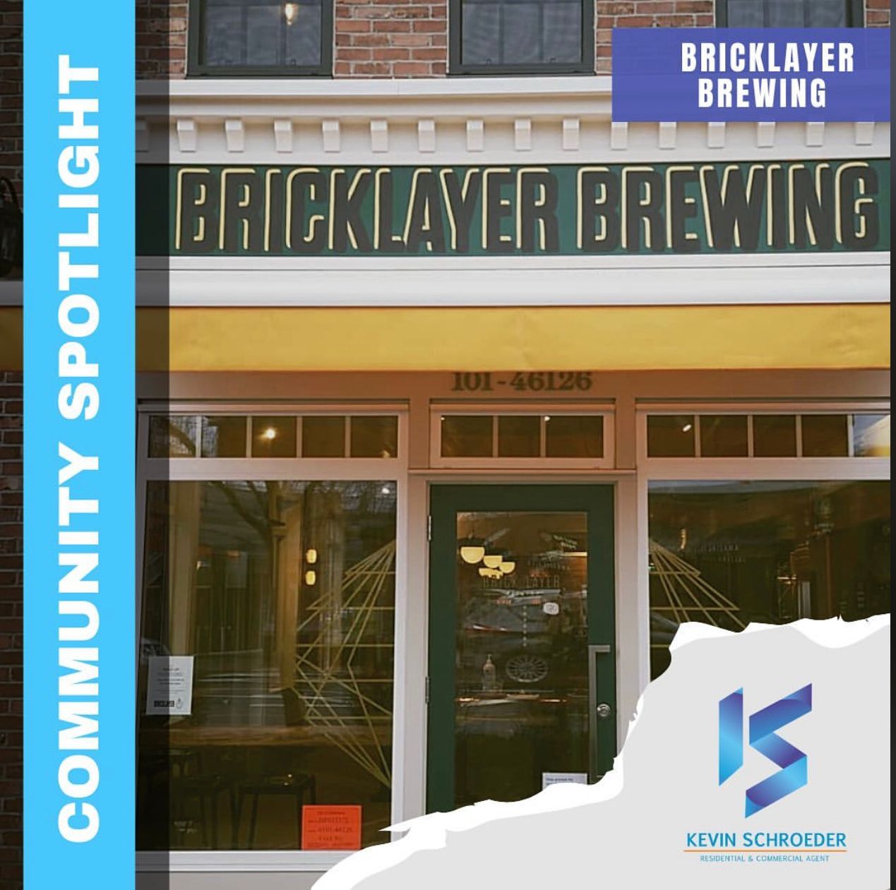 Bricklayer Brewing storefront with gold lettering. 
