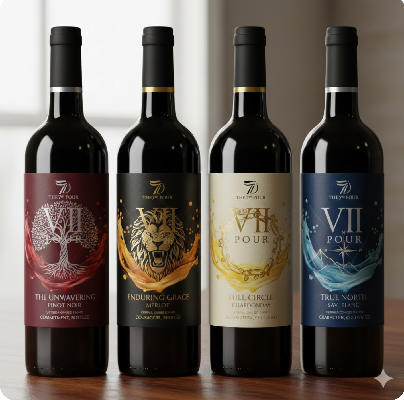 Four wine bottles with artistic labels—featuring a tree, lion, wreath, and compass—lined up on a table.