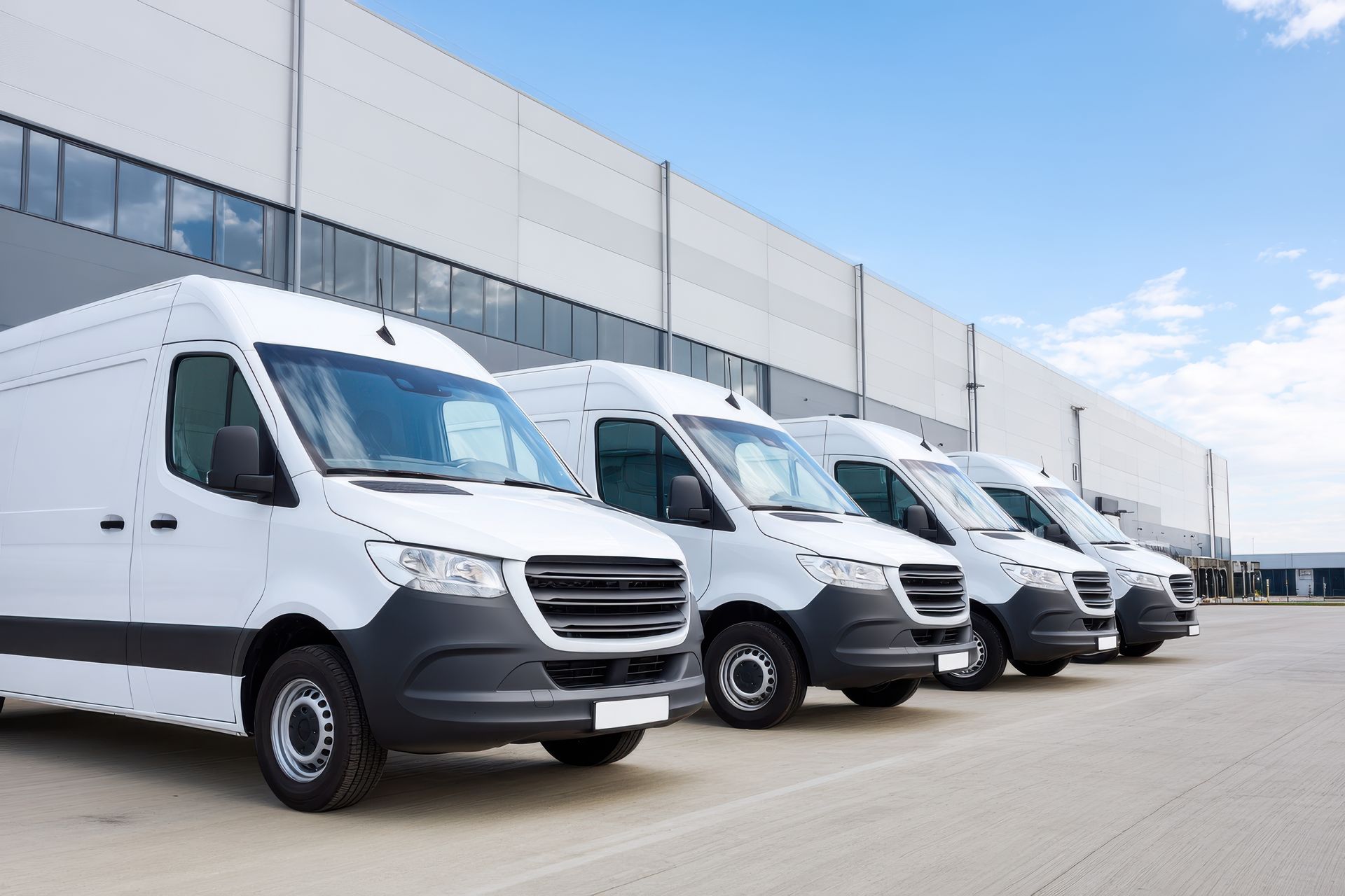 Several white delivery vans parked in a line outside a large, modern building under a blue sky. Several white delivery vans parked in a line outside a large, modern building under a blue sky.
