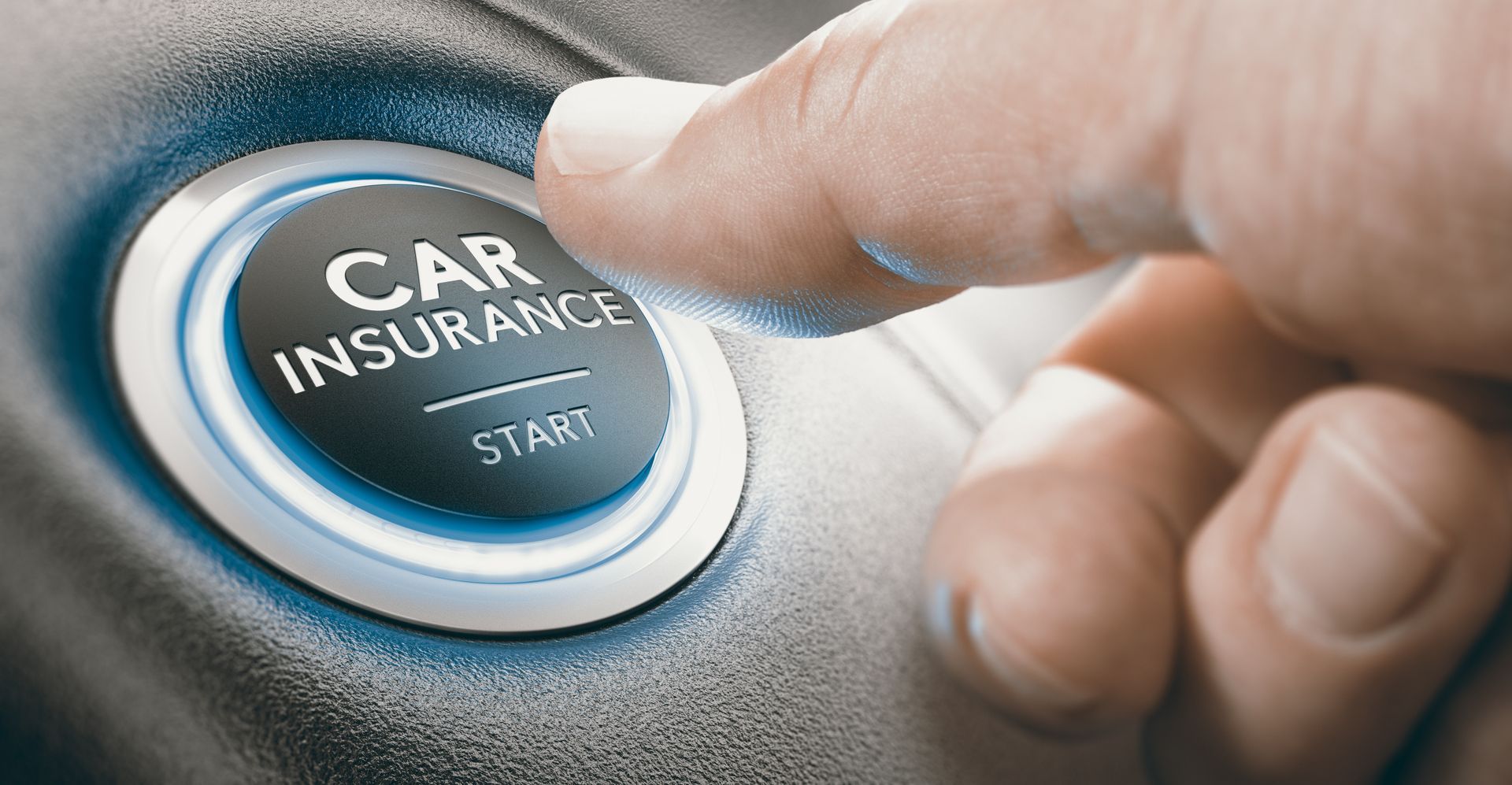 Finger pressing a car insurance start button on a dashboard.