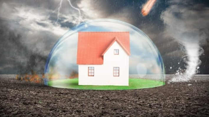 A house protected by a transparent dome from weather, including fire, meteor, lightning, and tornado.