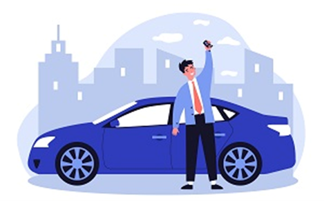 Man in a suit holding car keys, standing next to a blue car in a city setting.