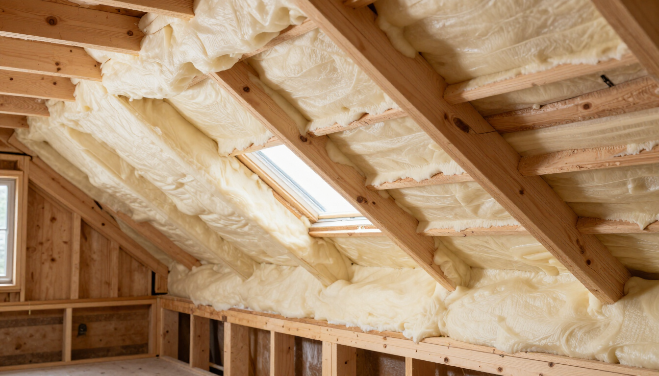 Attic roof with exposed rafters, skylight, and spray foam insulation on the sloped ceiling.