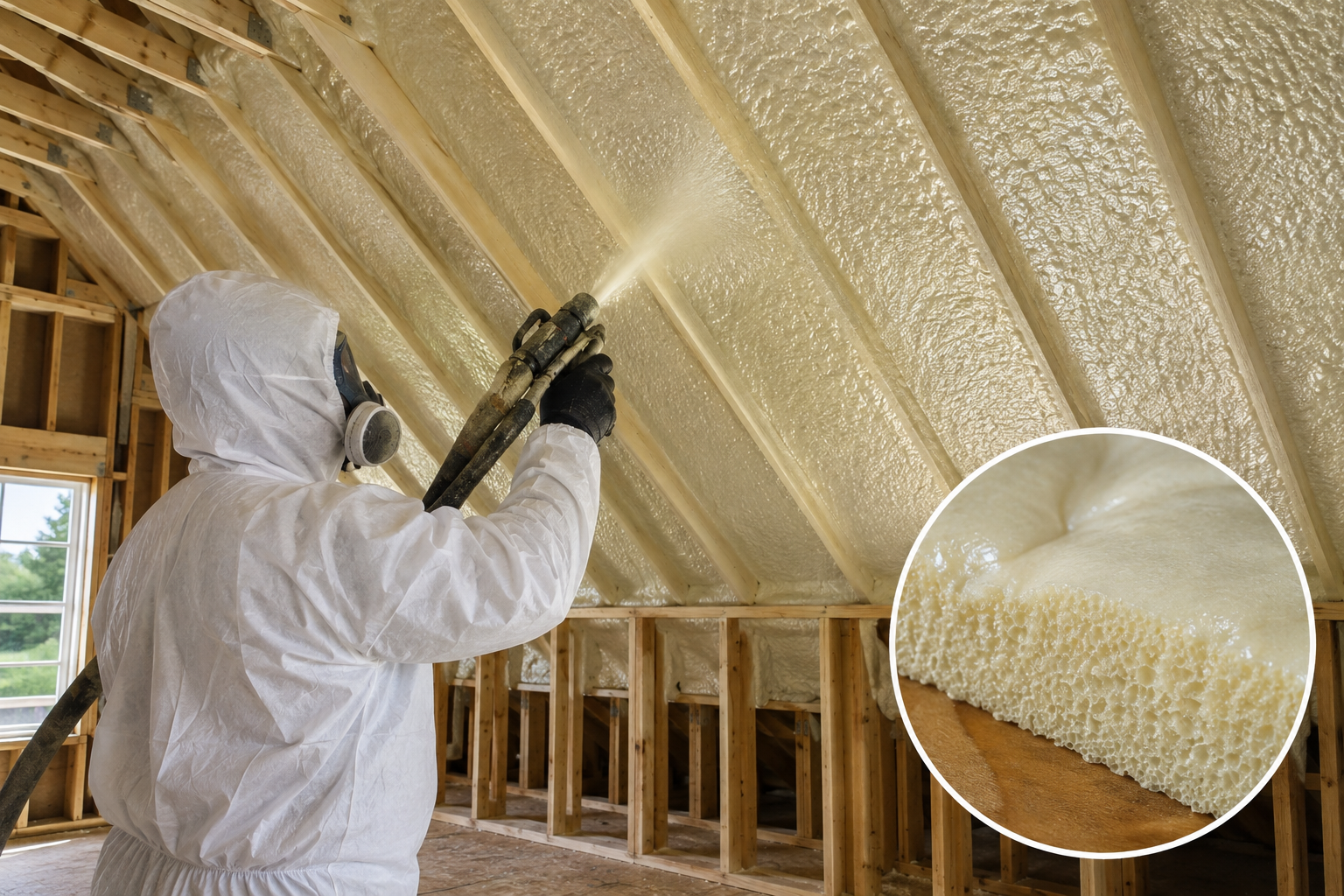 Close-up of white spray foam insulation filling a wooden wall cavity