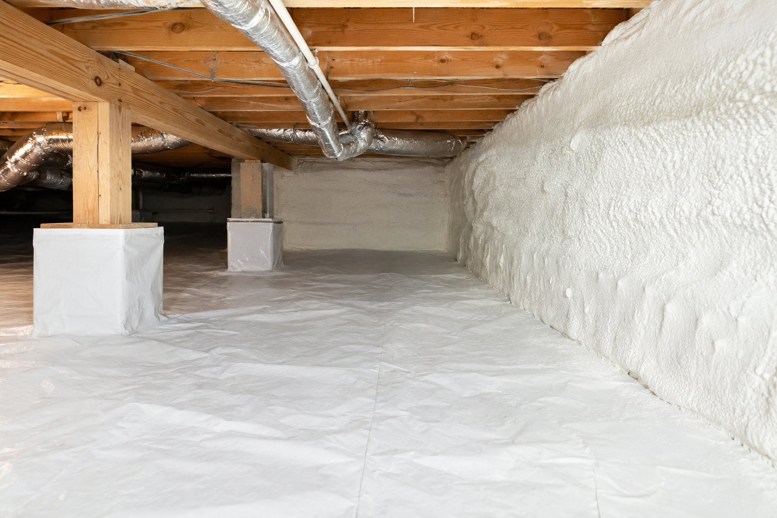 Insulated crawl space with spray foam on walls and exposed wooden joists overhead