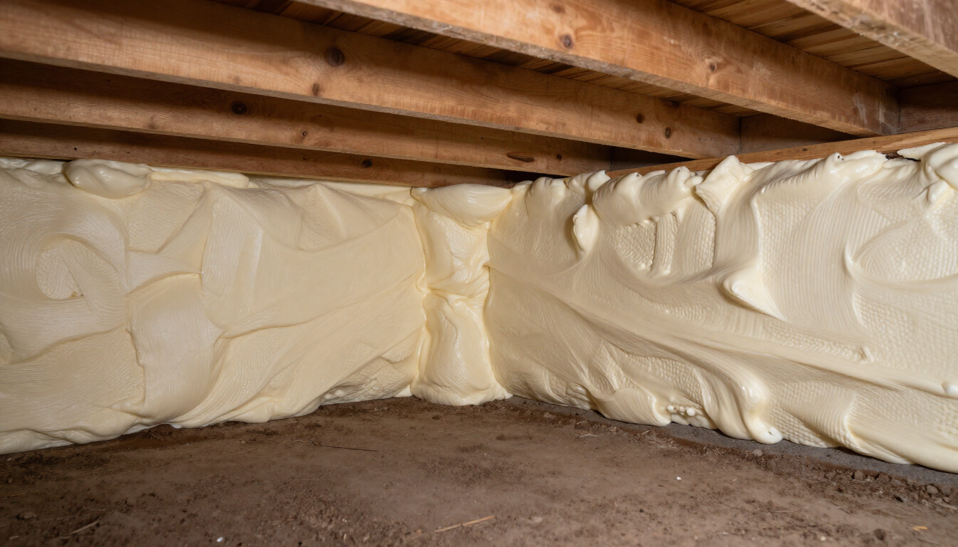 Insulated crawl space with spray foam on walls and exposed wooden joists overhead