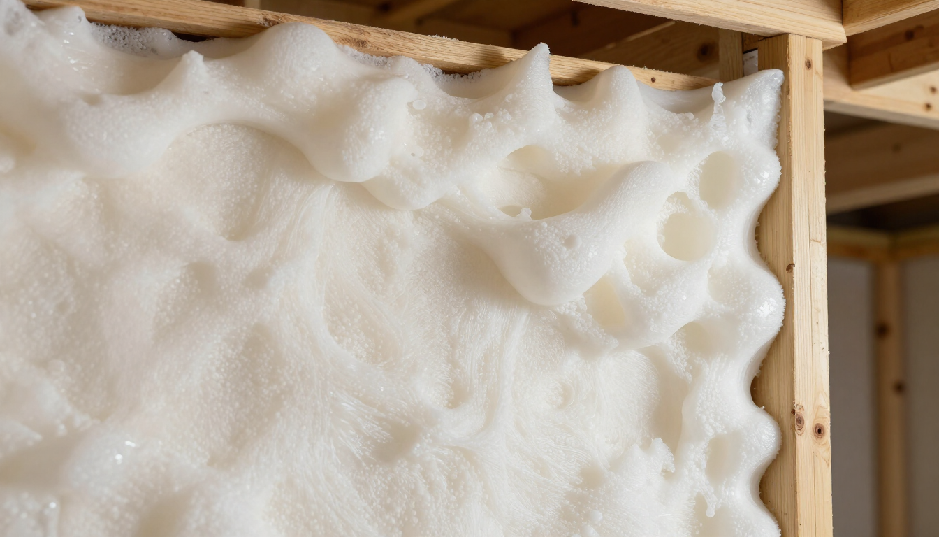 Close-up of white spray foam insulation filling a wooden wall cavity