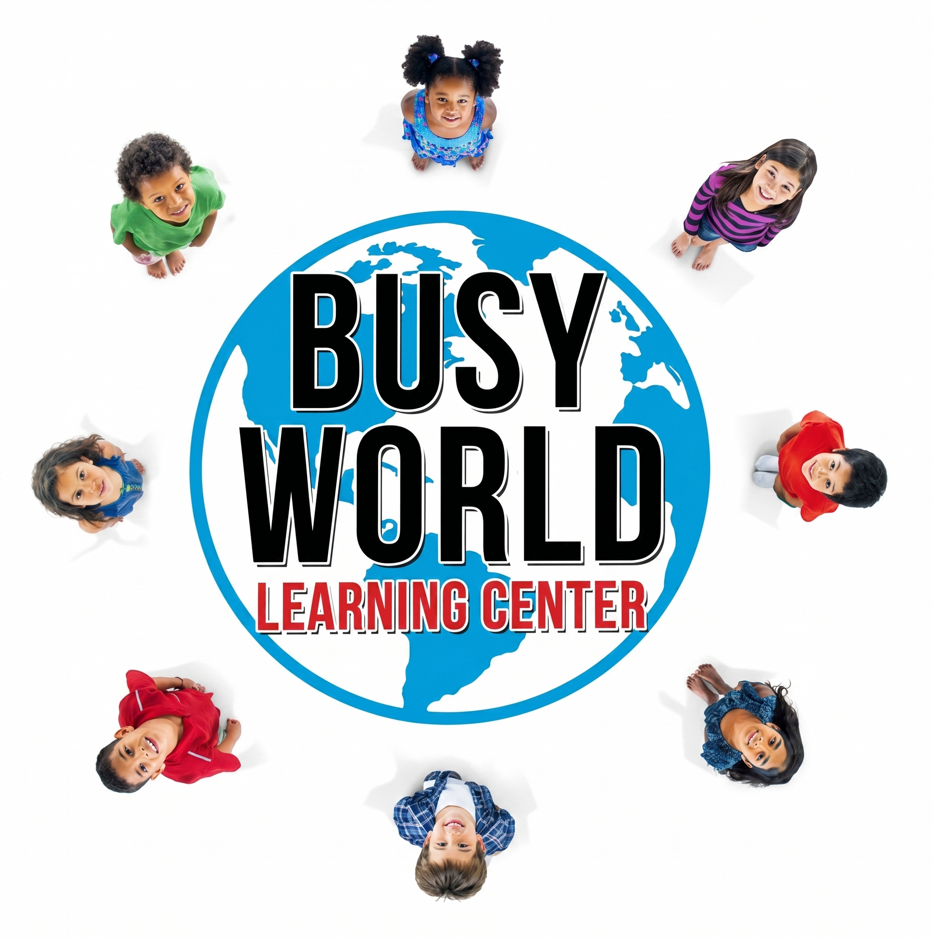 Busy World Learning Center logo with children around a blue circle on a white background