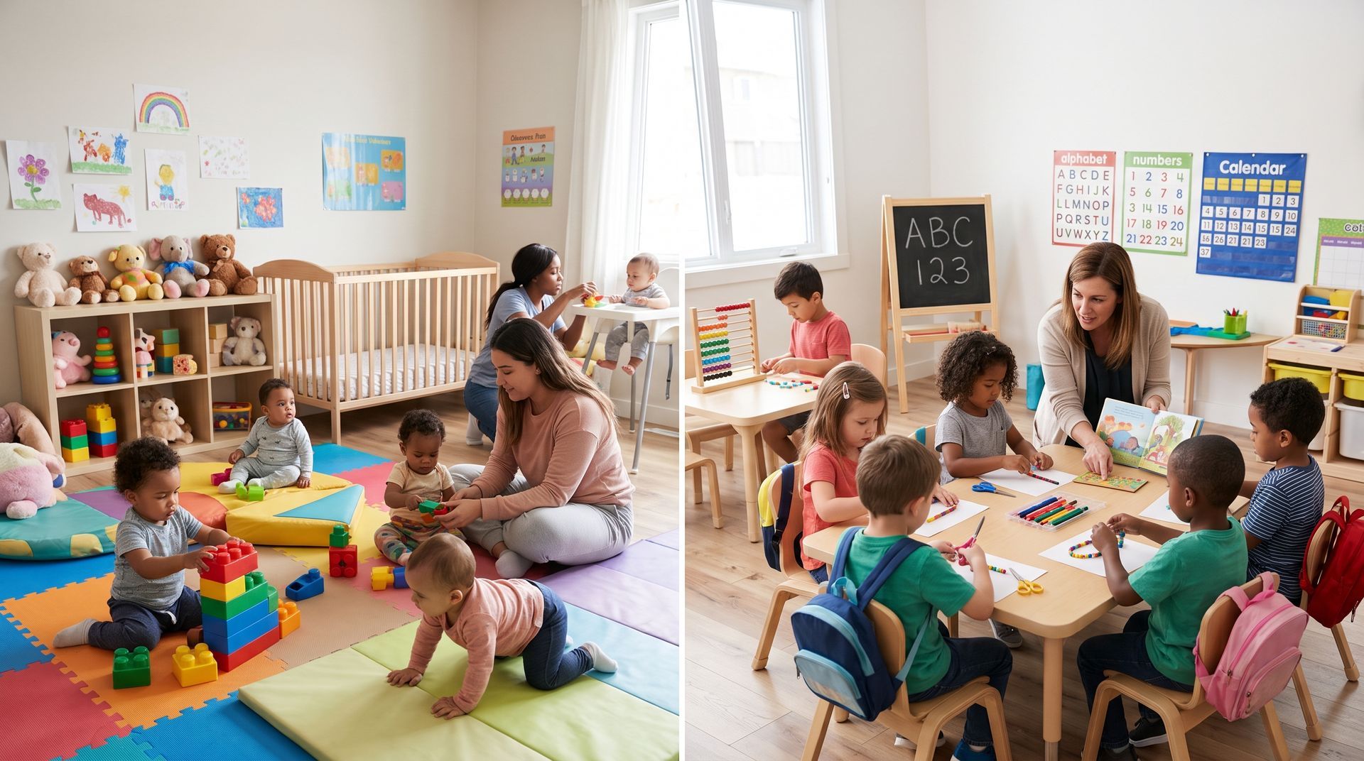 Children and adults doing crafts in a bright preschool classroom with tables, toys, and colorful rugs
