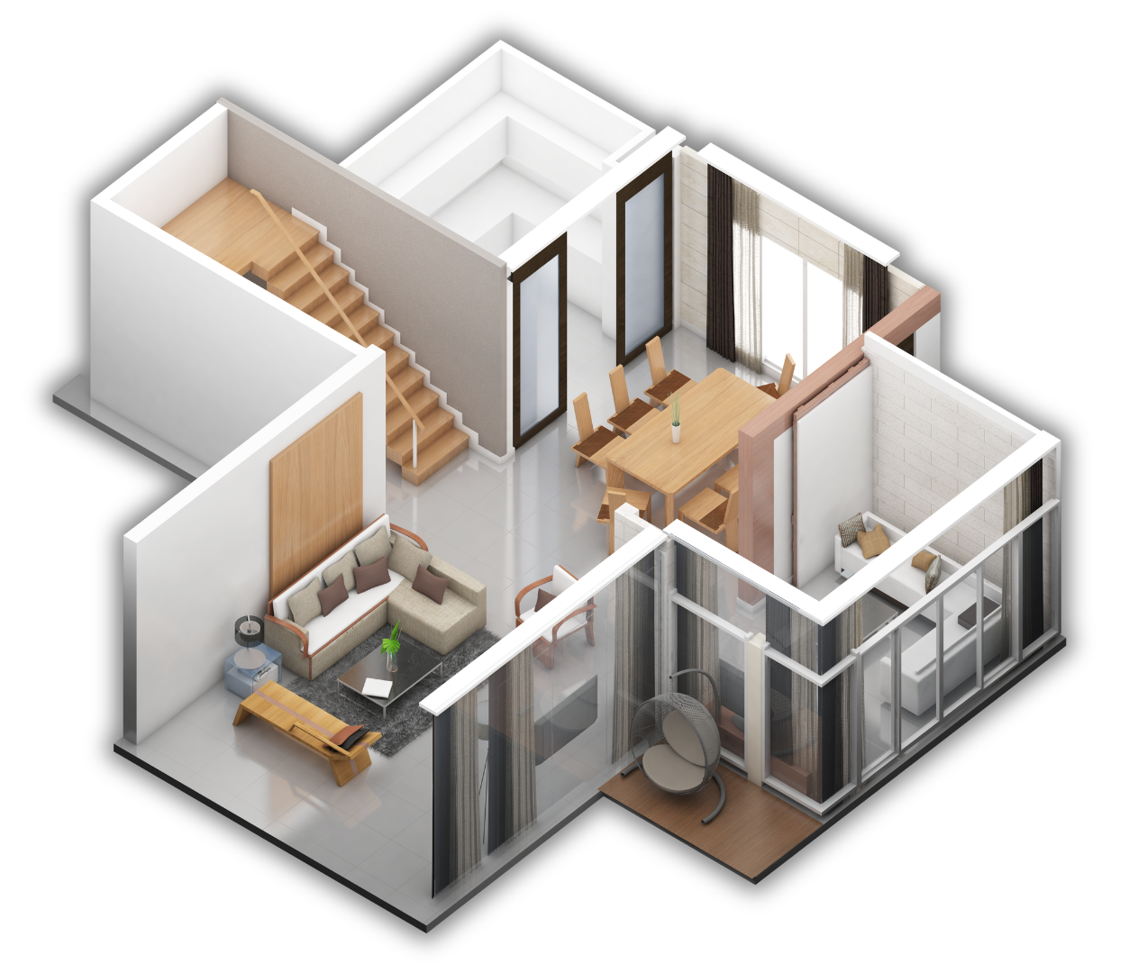 3D floor plan of a modern home interior with stairs, dining area, living room, and glass-walled room