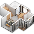 3D floor plan of a modern apartment interior with stairs, bedroom, living room, and glass-walled rooms